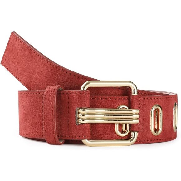 Women Leather Wide Fashion Thick Dress Belt With Gold Buckle Belt Suede Red